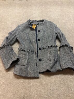 Tory Burch Tweed Jacket Size 8 Wool Angora Ruffle Trim Cropped Blazer 0918